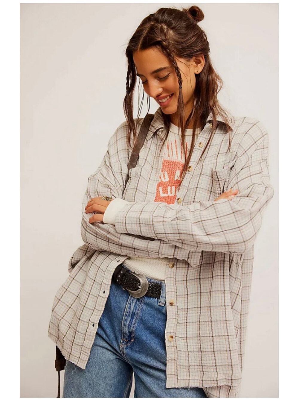 Free People We The Free Carditi Plaid Tunic Shirt Top XS